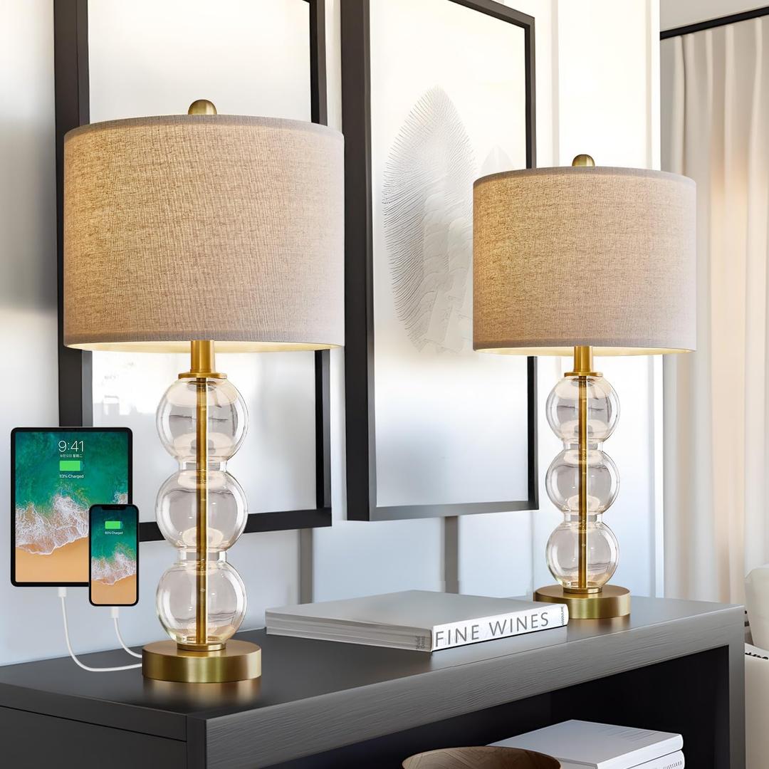 24'' Glass Table Lamps Set of 2 for Bedroom Living Room,Gold Glass Bedside Lamps for Nightstands with USB Ports and AC Outlets(Bulbs not Included)