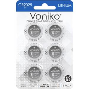 Voniko CR2025 3V Lithium Batteries 6 Pack for Child Safety, Compatible with Remotes, Key Fobs, Watches, Calculators - 7 Years Shelf Life