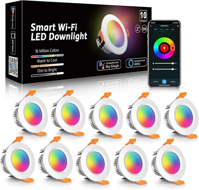LightingWill 2 Inch Recessed Lighting, Smart WiFi LED Downlight, 5W LED Ceiling Light Compatible with Alexa/Google Assistant, Dimmable RGB & 2700K6500K, 120V with Driver, Black Trim (10 Pack)