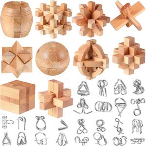 34 Pcs Metal Brain Teaser Puzzles for Kids Adult 3D Wooden Mind Games Puzzle Cube Wooden Brain Games Block Metal Wire Unlock Interlock Game Educational Logic Mind Desktop Toys
