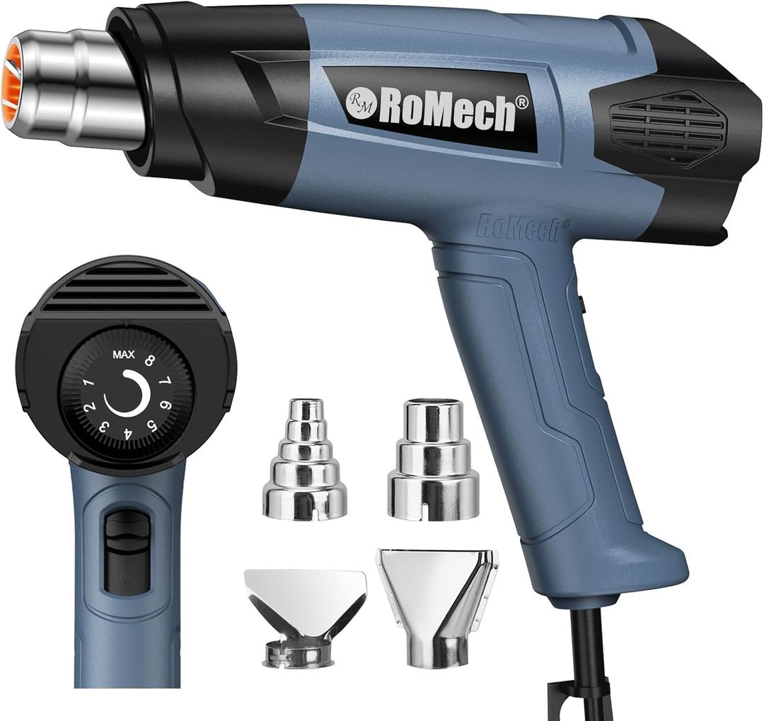 ROMECH 1500W Heavy Duty Heat Gun, Variable Temperature Control Hot Air Gun Kit with 2 Air Flow 120F~1200F and 4 Nozzles for Crafts Shrink Wrap (Blue)