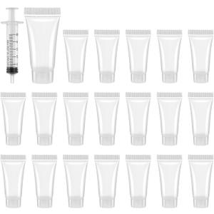 Refillable Empty Tubes Bottles, 20 Pcs 5ml Portable Travel Tubes with Syringes Clear Refillable Toothpaste Tubes Soft Squeezable Containers for Sample Shampoo Makeup Facial Cleanser Lip Gloss