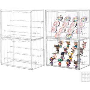 Clear Acrylic Display Case Upgrade 4 Tier Figure Display Case with 3 Movable Dividers, Stackable Display Box Showcase with Magnetic Door for Collectibles (Large-4pack)