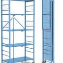 Storage Shelves with 20 Hooks, 5-Tier Foldable Shelves for Storage, Folding Shelf Unit Pantry Shelves with Wheels, Standing Shelving Unit for Kitchen Garage Home Office Room Greenhouse, Blue (5-Tier, Blue)