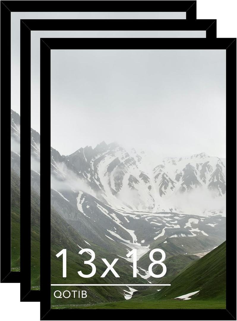 13x18 Picture Frame Black for Wall Mounting Set of 3, Horizontal and Vertical Formats for Wall Hanging, Wood 13x18 Frame, Black, 3 Pack