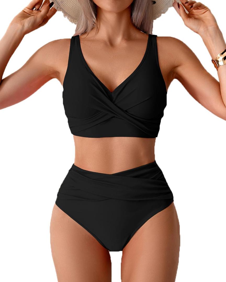 Fanuerg Women High Waisted Bikini Sets V Neck Cross Twist Front Two Piece Swimsuit Tummy Control Bathing Suit (Black, XL)