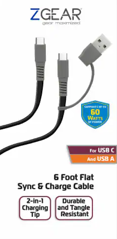 ZGear 6 Foot Flat Sync & Charge Cable For USB C To USB A