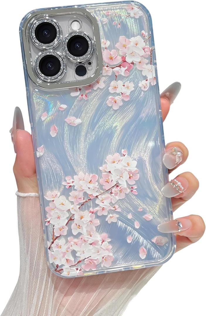 Yeddabox for iPhone 15 Pro Max Case Cute Colorful Retro Oil Painting Printed Flower Pattern Durable TPU & PC Design for iPhone 15 Pro Max Case for Women Girls - Cherry Blossom