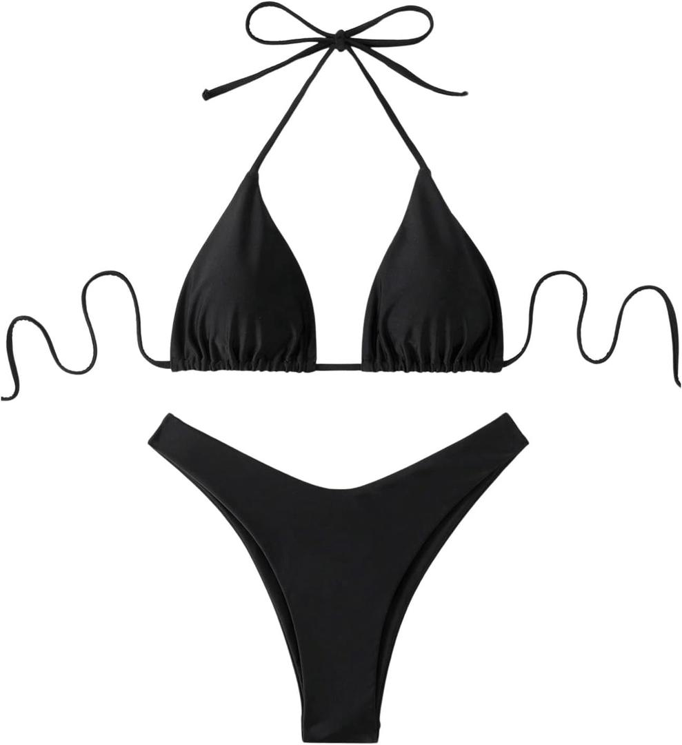 GORGLITTER Women's High Waisted Thong Bikini Set Halter Triangle Tie Back Swimsuit Bathing Suit (Black, Small)