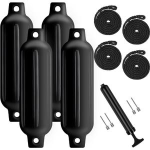 Boat Fenders 4 Pack, Ribbed Twin Eyes Boat Fenders Bumpers for Docking, Inflatable Marine Boat Bumper with 4 Ropes, 4 Needles and 1 Pump (black)