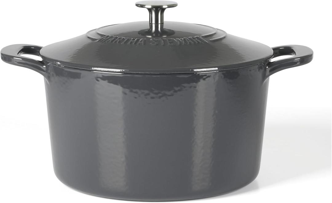 Martha Stewart Gatwick 7 QT Enamel Cast Iron Dutch Oven  Gray, Durable Heavy-Duty Dutch Oven for Slow Cooking, Braising, and Baking