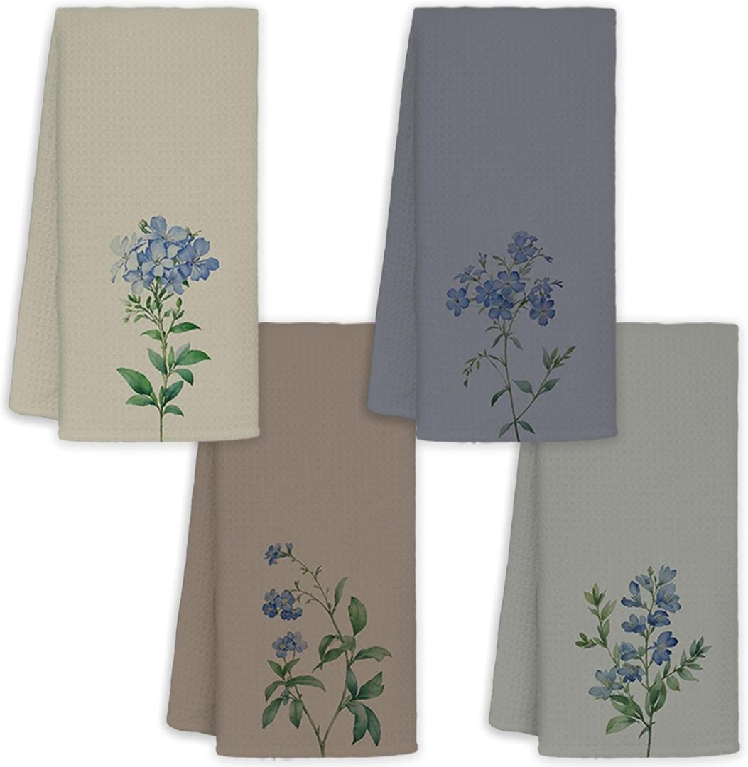 JINYO Boho Blue Wildflower Hand Towels for Bathroom Set of 4, Neutral Botanical Decorative Towels for Kitchen Spa Guest Bathroom Decor, 16x24 Inch