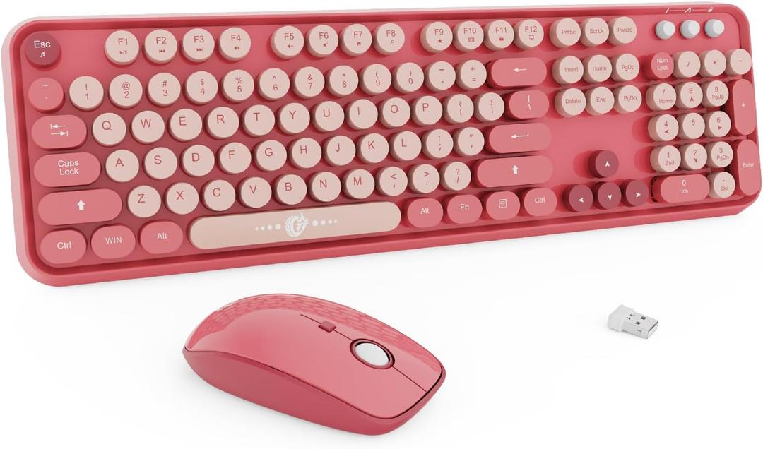 Wireless Keyboard and Mouse Combo - Round Keycaps, Full-Size Retro Typewriter Keyboard with Detachable Wrist Rest, Sleep Mode & Tilt Legs, 2.4GHz Cordless Connection for Mac/Windows/PC (Hot Pink)