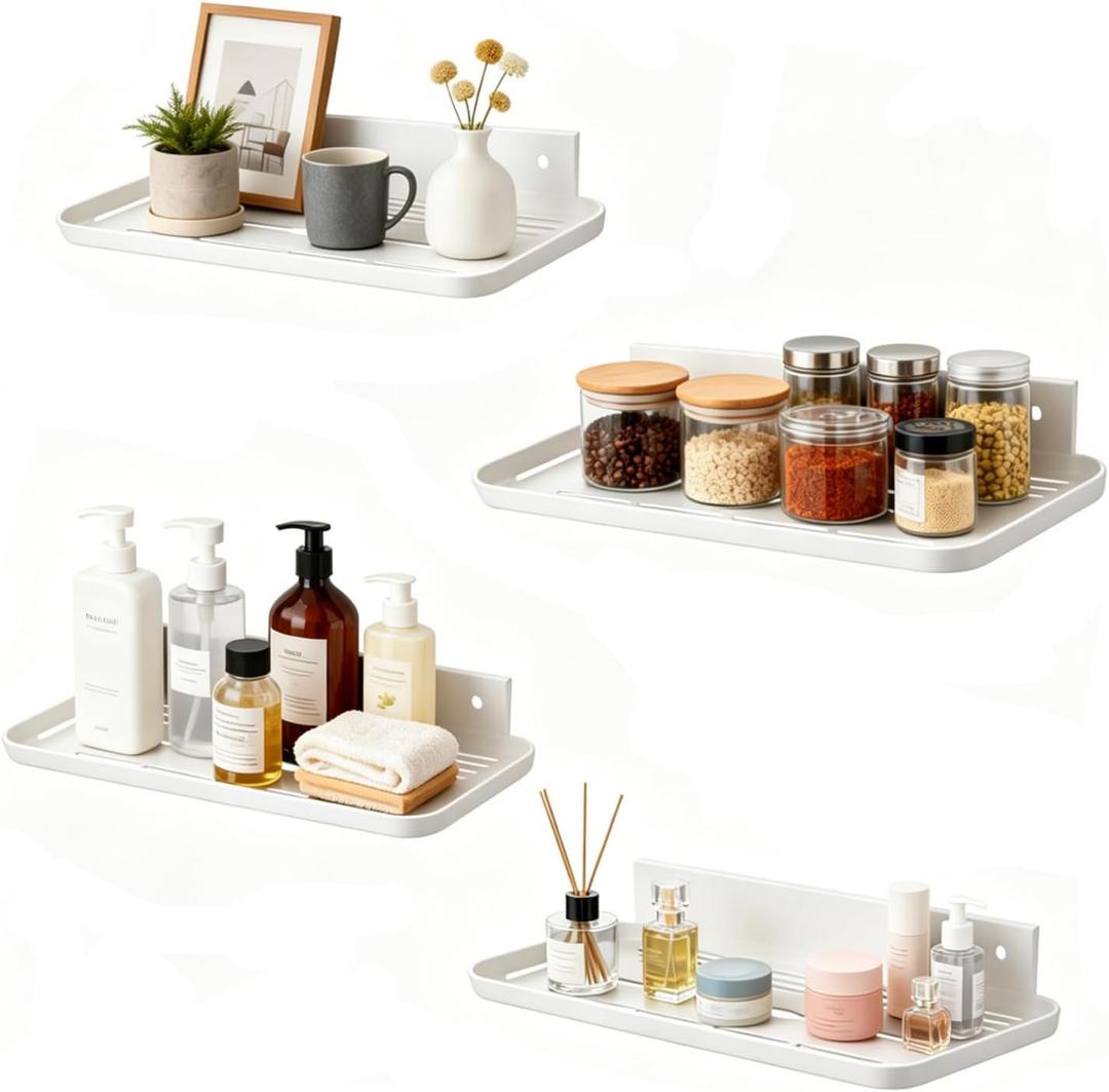 Floating Shelves for Wall, Wall Mounted Floating Shelves, Bathroom Shelf Bedroom Kitchen Living Room Hanging Storage Shelves, Room Decor (4, White), 12.6 inches x 4.7 inches x 2.3 inches