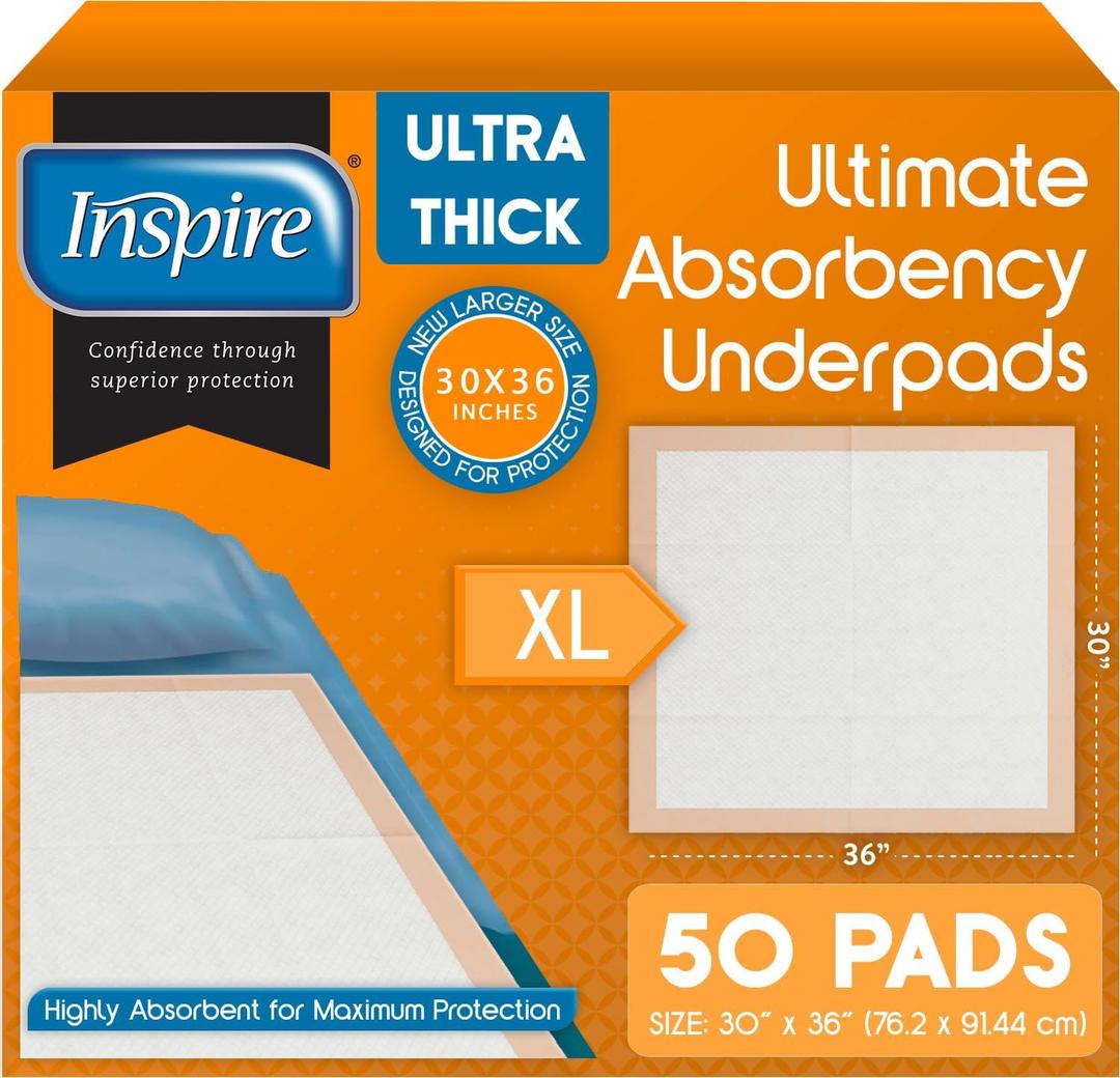 Inspire XL Super Absorbent Bed Pads for Chronic Incontinence 30 x 36 Ultra Thick 100 Grams | Bed Pads Disposable Adult Elderly Care | Chucks Disposable Underpads for Incontinence (50 Count)