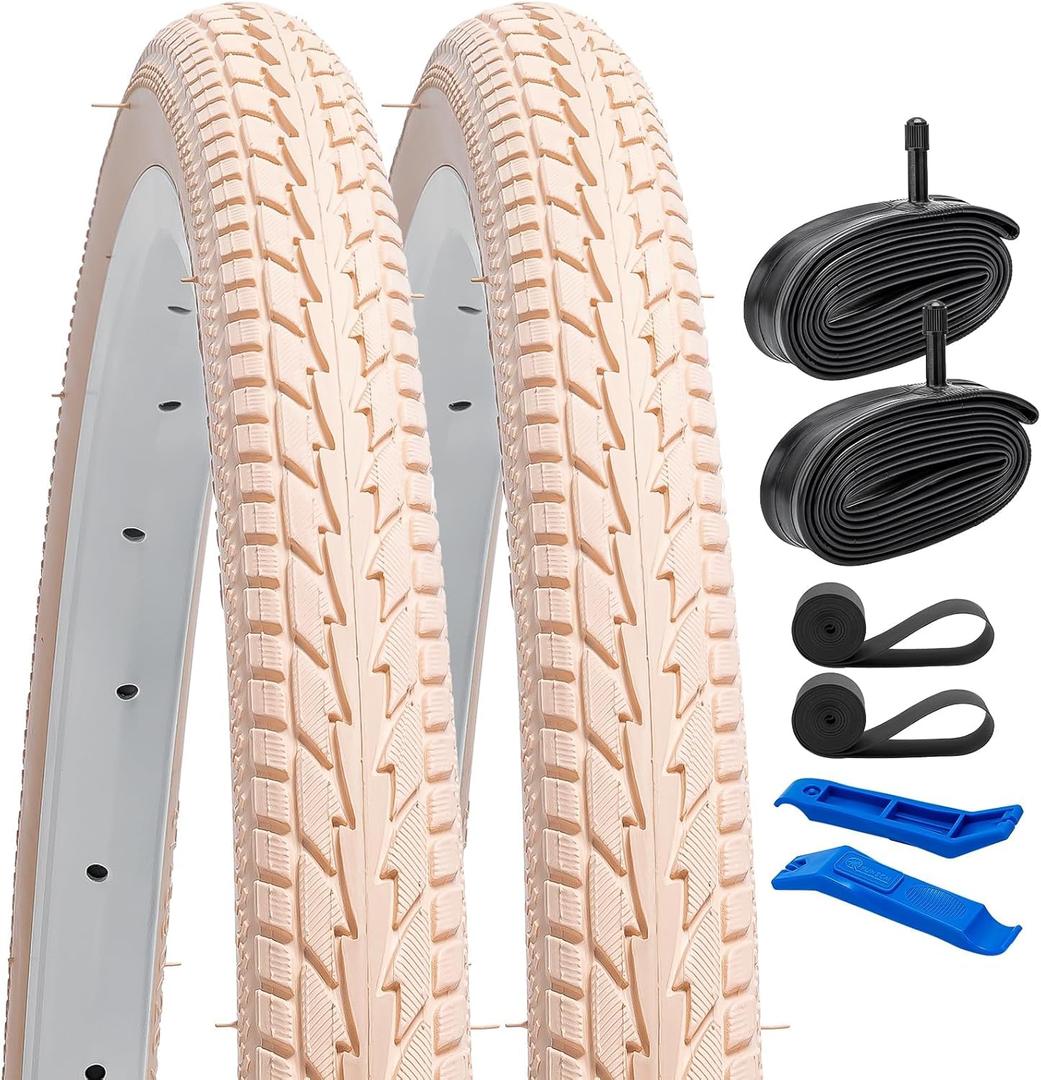 YUNSCM 2-PCS 26x1 3/8 (37-590) Road Bike Tires and 26x1 3/8" Schrader Valve Heavy Duty Bike Tubes with 2 Rim Strips Compatible with 26 x 1 3/8 26x1 3-8 Bike Bicycle Tires and Tubes
