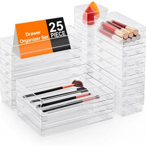 SMARTAKE 25-Piece Drawer Organizer with Non-Slip Silicone Pads, 4-Size Desk Drawer Organizer Trays Storage Tray for Makeup, Jewelries, Utensils in Bedroom Dresser, Office and Kitchen (Clear)