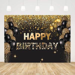 8x6ft Happy Birthday Backdrop Gold Sequins Glitter Black Leopard Balloons Photo Background Party Decorations Cake Table Banner Wall Decors Photo Shoot Props Supplies