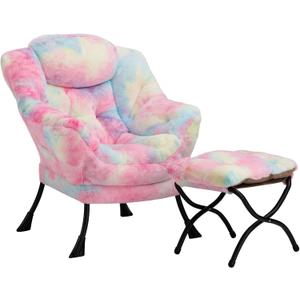 HollyHOME Lazy Chair with Foldable Ottoman, Accent Comfy Lounge Armchair and Folding Footrest Stool, Leisure Sofa Reading Chair and Footstool for Living Room, Bedroom, Dorm,Faux Fur Rainbow
