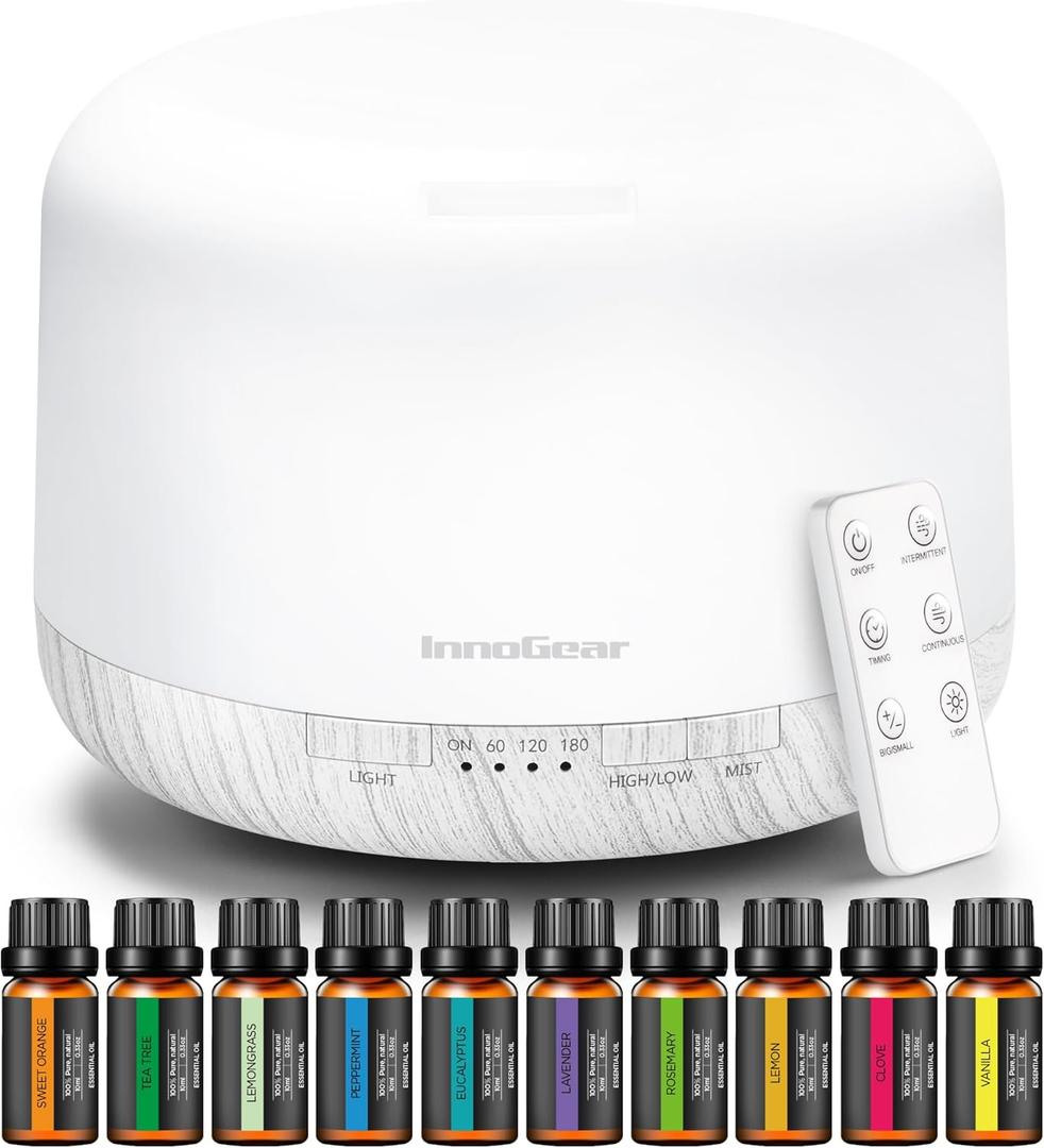 InnoGear Aromatherapy Diffuser & 10 Essential Oils Set, 500ml Essential Oil Diffuser with Remote Control Ultrasonic Cool Mist Scent Humidifier Vaporizer Auto-Off Timer for Room Office Home, White (Large)