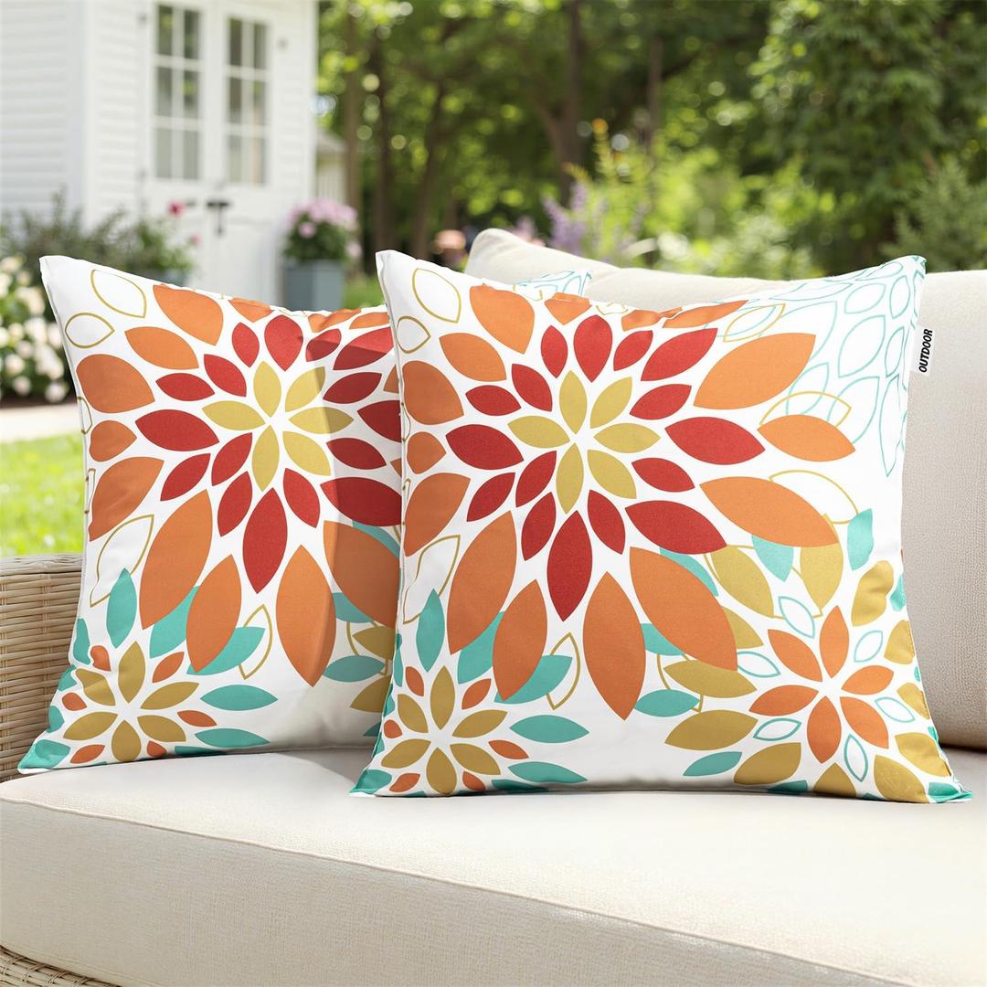 Floral Outdoor Pillow Covers Waterproof Spring Throw Pillow Cases Orange Yellow 20x20 Inch Set of 2 Decorative Summer Cushion Covers for Patio Furniture Garden Bench Porch Sofa