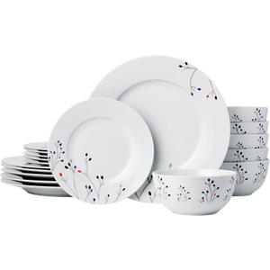 Amazon Basics Dinnerware Set, Microwave and Dishwasher Safe, Service for 6, 18-Piece Complete Kitchen, Plates, Dishes, Bowls, Branches