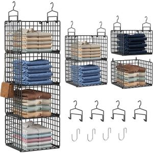 Hanging Closet Organizer, 4 Tier Metal Closet Organizers and Storage with 4 Hanging Hooks 4 S-Hooks for Wardrobe Laundry Room, Wire Storage Shelf for Clothes Sweaters Pants (Black)