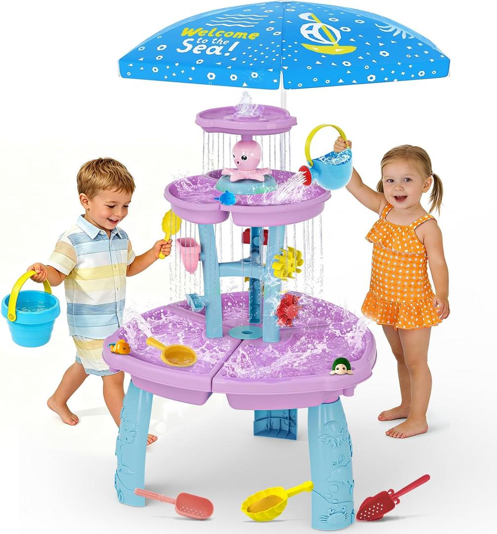 Handwell Water Table for Toddlers, 3-Tier Sand and Water Table with Umbrella & Water Toy Accessories, Rain Shower Splash Pond Water Toy, Kids Activity Sensory Playset, Summer Outdoor Toys for Girl Boy