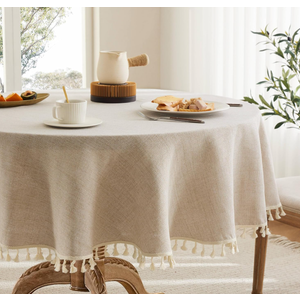 Linen Tablecloth with Tassels, Farmhouse Style Brown Tablecloth, Water Resistant Burlap Tablecloths for Round Table, 52 Inch Round, Tassel/Natural