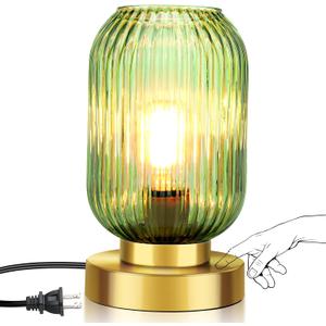 Mid Century Modern Table Lamp, Touch Control & 3 Way Dimmable, Green Ribbed Glass Shade, Small Gold, Vintage Bedside Lamp for Bedroom, Living Room,Office (Bulb Included)