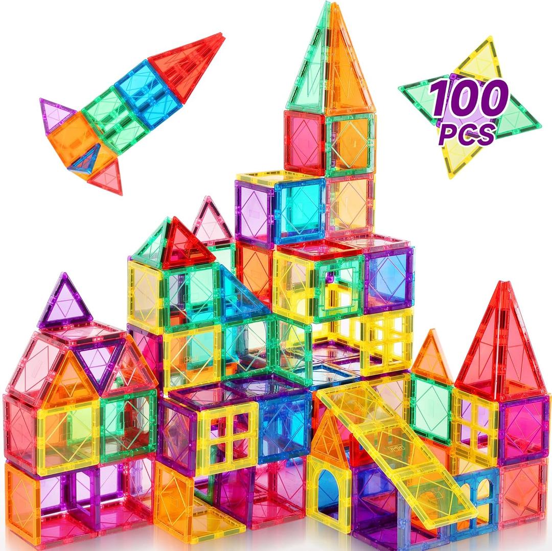 100Pcs Premium Magnetic Tiles Toys Set with Sturdy Iron Case, STEM Educational Building Blocks for Kids Ages 3-5 4-8, Montessori Sensory Toys, Creative Birthday Gifts for Toddler Boys & Girls