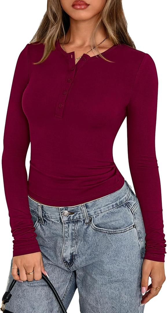PRETTYGARDEN Womens Casual Long Sleeve Tops 2026 Fall Crew Neck Fitted Henley Shirts Basic Tee Blouse Knit Going Out Outfits (XXL)