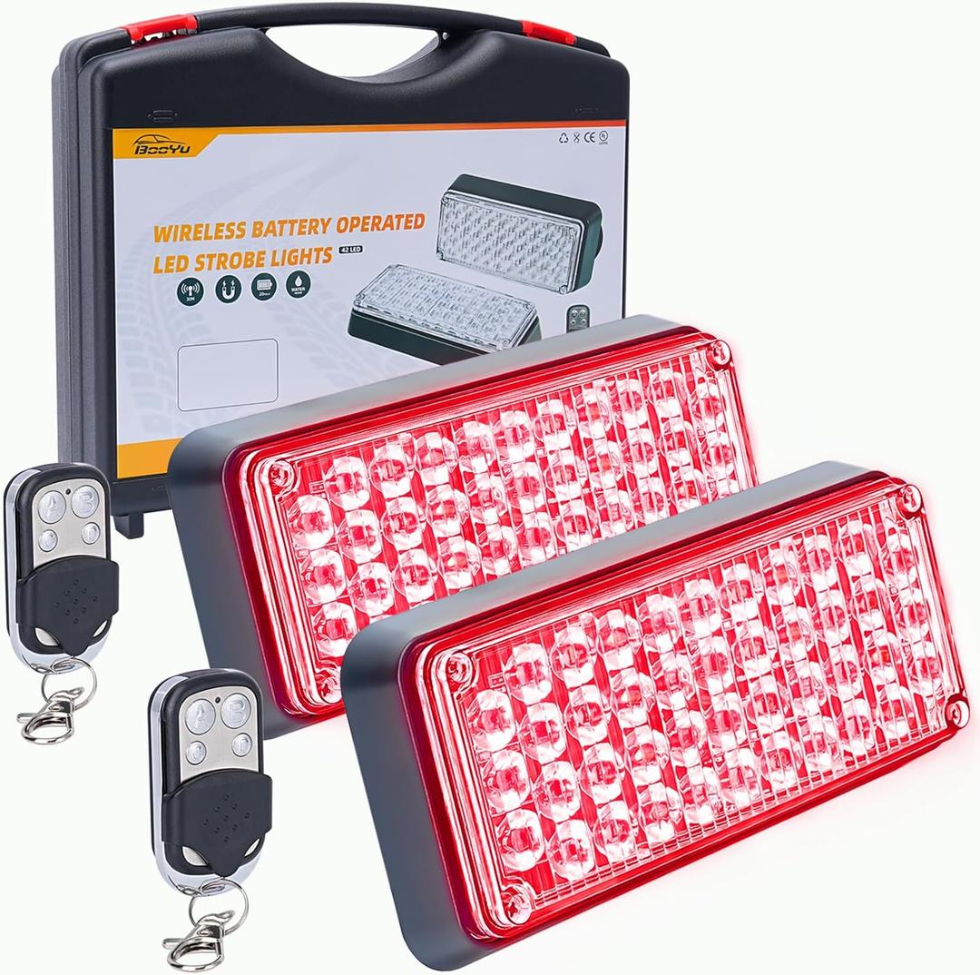 Red Magnetic Flashing Strobe Light/w Controller, Battery Operated Rechargeable LED Safety Lights, Mini Portable Emergency Warning Light Bar for Police Car, Fire Trucks Vehicles 2-Pcs