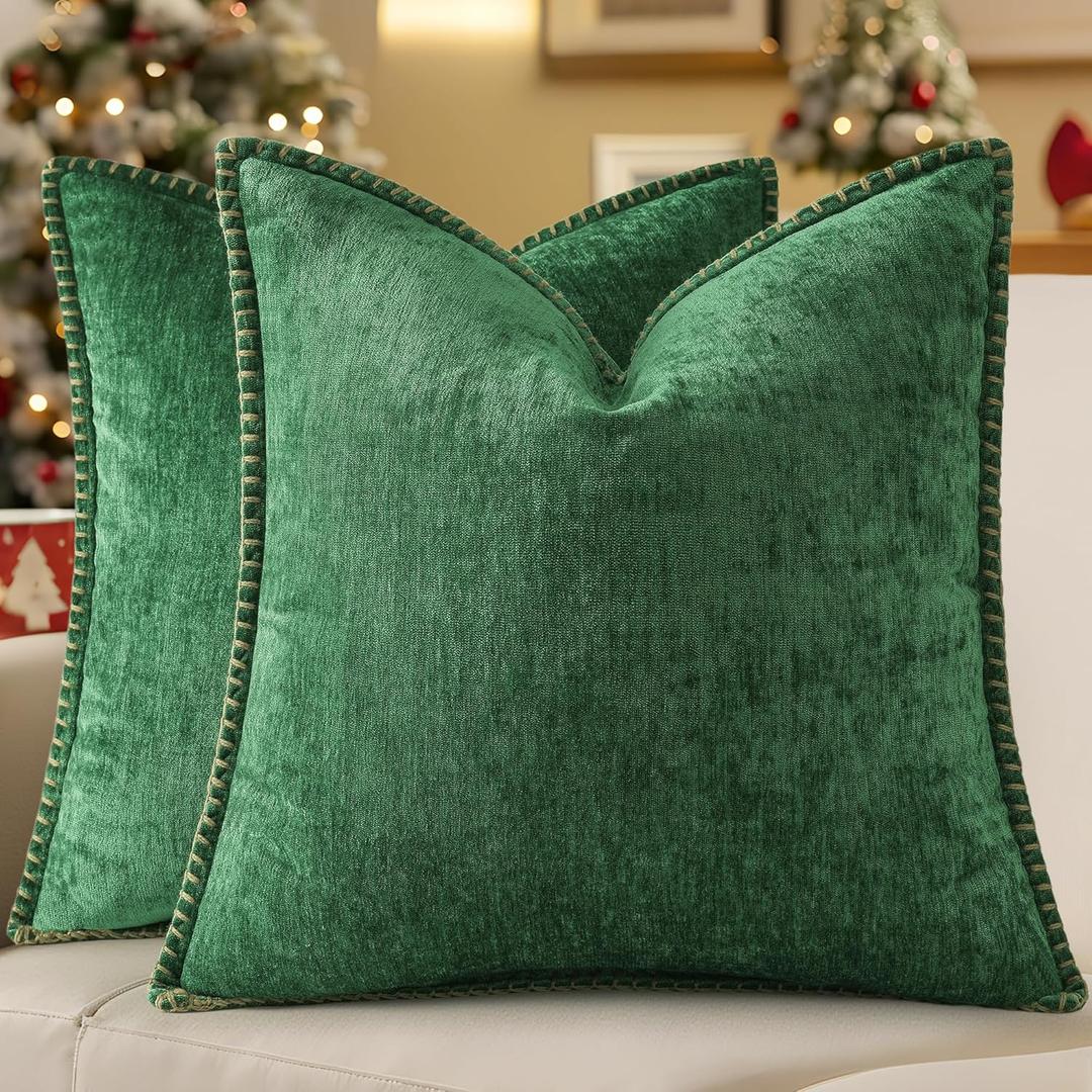 decorUhome Spring Chenille Soft Cozy Throw Pillow Covers 18x18 Set of 2, Modern Farmhouse Boho Velvet Decorative Pillow Cases with Stitched Edge for Couch Sofa Bed Home Decor, Green