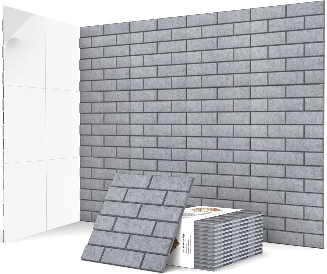 ArtVivid 12Pack Acoustic Wall Panels, 12"×12"×0.4" Self-Adhesive 3D Brick Pattern Sound Proof Panels for Walls, High Density Decorative Acoustic Foam Sound Proofing for Recording Studios, Home, Grey