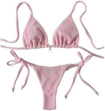 Verdusa Women's Micro Mini Bikini 2 Piece Micro Thong Bikini Sets Textured Seashell Beaded Swimsuit Beachwear, Size XS