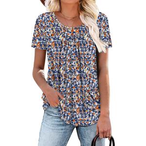 Angerella Women Tunic Tops Dressy Casual Summer Short Sleeve Shirts Floral Loose Fit Pleated Boho Top S-3XL (L)