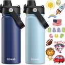baab 18oz Kids Water Bottle, Insulated Kids Water Bottle with Lockable Spout Lid & Stickers, 18/8 Stainless Steel Vacuum Leakproof Kid Water Cup with Handle for School (Navy Blue+Light Blue, 2 Pack)
