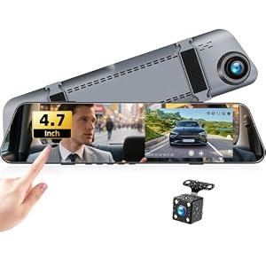 Mirror Dash Cam 4.7 Inch Rear View Mirror 720P Front and Rear View Dual Cameras with Super Night Vision,Parking Assistance,Loop Recording,24H Parking Monitor, Waterproof Backup Camera