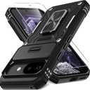 2 x DEERLAMN Case for Google Pixel 10a with Slide Camera Cover+Screen Protector (1 Pack), Rotated Ring Kickstand Military Grade Shockproof Protective Cover-Black