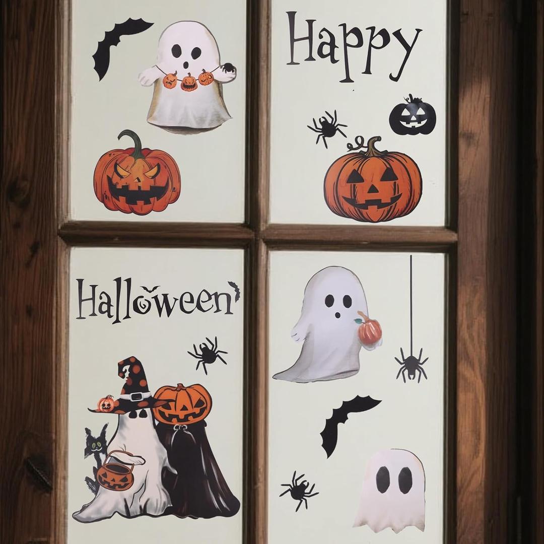 6 Sheet Halloween Window Clings, 11.81x7.87in Glass Window Decoration Stickers with Vintage Ghost Evil Pumpkin Bat for Halloween Party Supplies