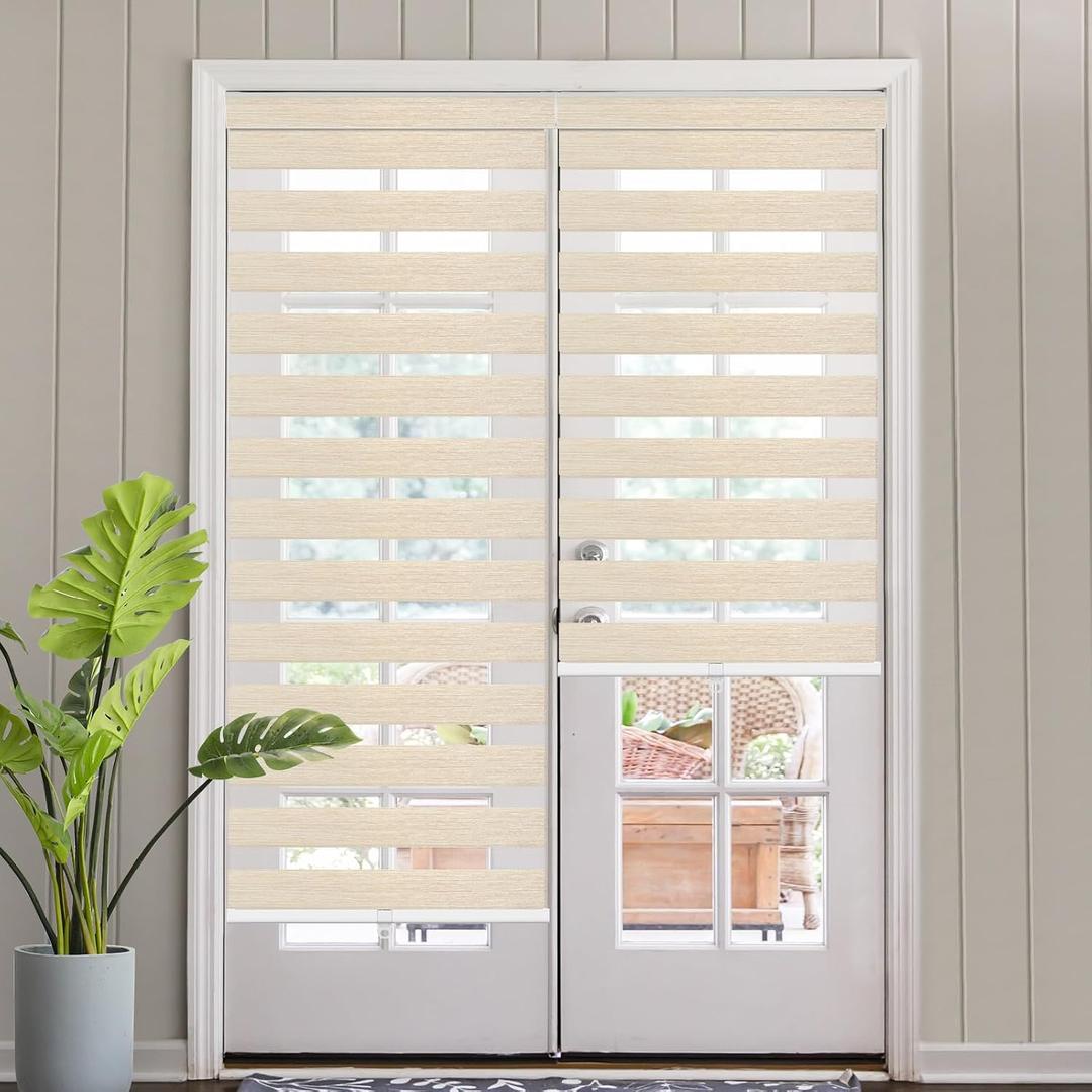 SEEYE Cordless Zebra Blinds for Windows, 60% Shading Zebra Shades, Free-Stop French Door Blind Window Shades, Dual Layer Light Filtering Roller Shades for Day and Night, 26" W x 48" H, Linen Beige