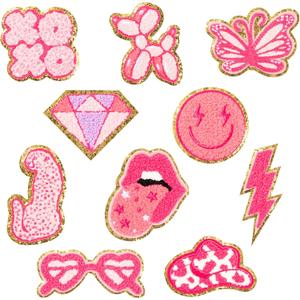10Pcs Pink Preppy Iron on Patches for Girls Y2K Chenille Embroidered Repair Patch Hanging Lip Lightning Bolt Leopard Face DIY Accessories Sew on Applique for Backpack Clothes Hats Dress Jackets Jeans