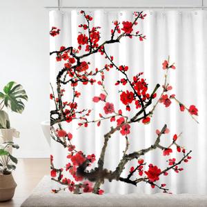 Red Cherry Blossom Shower Curtains for Bathroom,Polyester Fabric Asian Japanese Blooming Plum Flower Style Shower Curtain with 12 Hooks,Decorative Bath Curtain for Bathroom Decor 72W x 72H