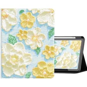 Marble Floral Case for iPad Mini 7/6, Kawaii Slim Cute Folio Clear Back Cover with Pencil Holder, J-Yellow Floral