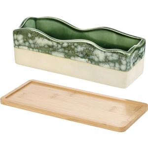 MyGift Rectangular Succulent Planter - Decorative Beige and Green Ceramic Glazed Plant Container Pot with Removable Bamboo Tray (10 Inch)