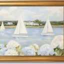 Licpach Grandmillennial Preppy Coastal Wall Art Nautical Sailboat Blue White Floral Canvas Print Vintage Seaside Beachy Cottagecore Decor Posters forBathroom Bedroom Aesthetic 24X36inch Golden Frame
