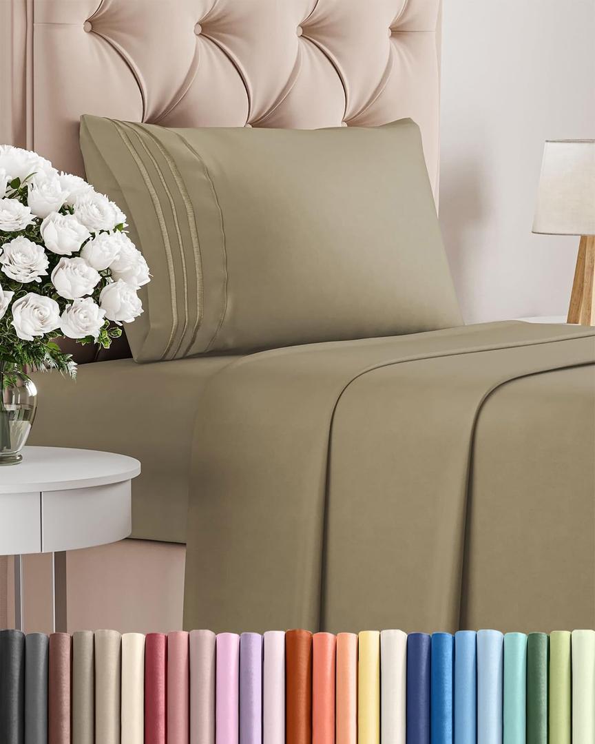 Twin XL Size 3 Piece Sheet Set - Comfy Breathable & Cooling Bed Sheets Set - Hotel Luxury Bedding for Women, Men, Kids, Teens, Boys & Girls - Deep Pockets, Ultra-Soft, Wrinkle Free - Oeko-Tex - Khaki