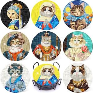 Puraikcmi 8PCs Diamond Paintings Coasters Kits Set, Funny Cat Diamond Art Coasters with Holder, DIY Crafts Diamond Art Kits Adult Craft Diamond Dots Gift, Set Of 2