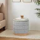 Round Storage Ottoman with Reversible Tray Lid, Folding Chenille Fabric Footrest with Hidden Storage, 15.4" Footstool for Small Spaces Living Room Bedroom, Wood Grain Base, Sliver Grey, 15.4"D x 15.4"W x 14.6"H
